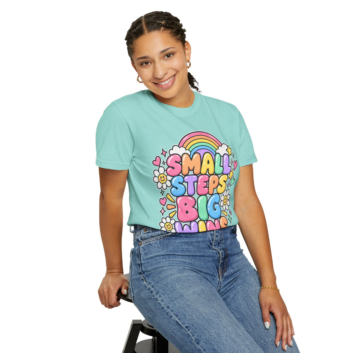 Small Steps Big Wins T-shirt | Retro Rainbow Positive Graphic