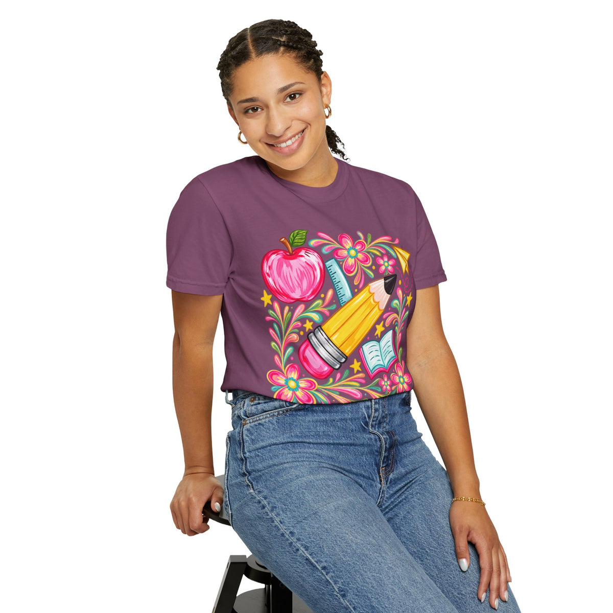 School Supplies Pencil Apple Floral T-shirt | Teacher Student Back to School