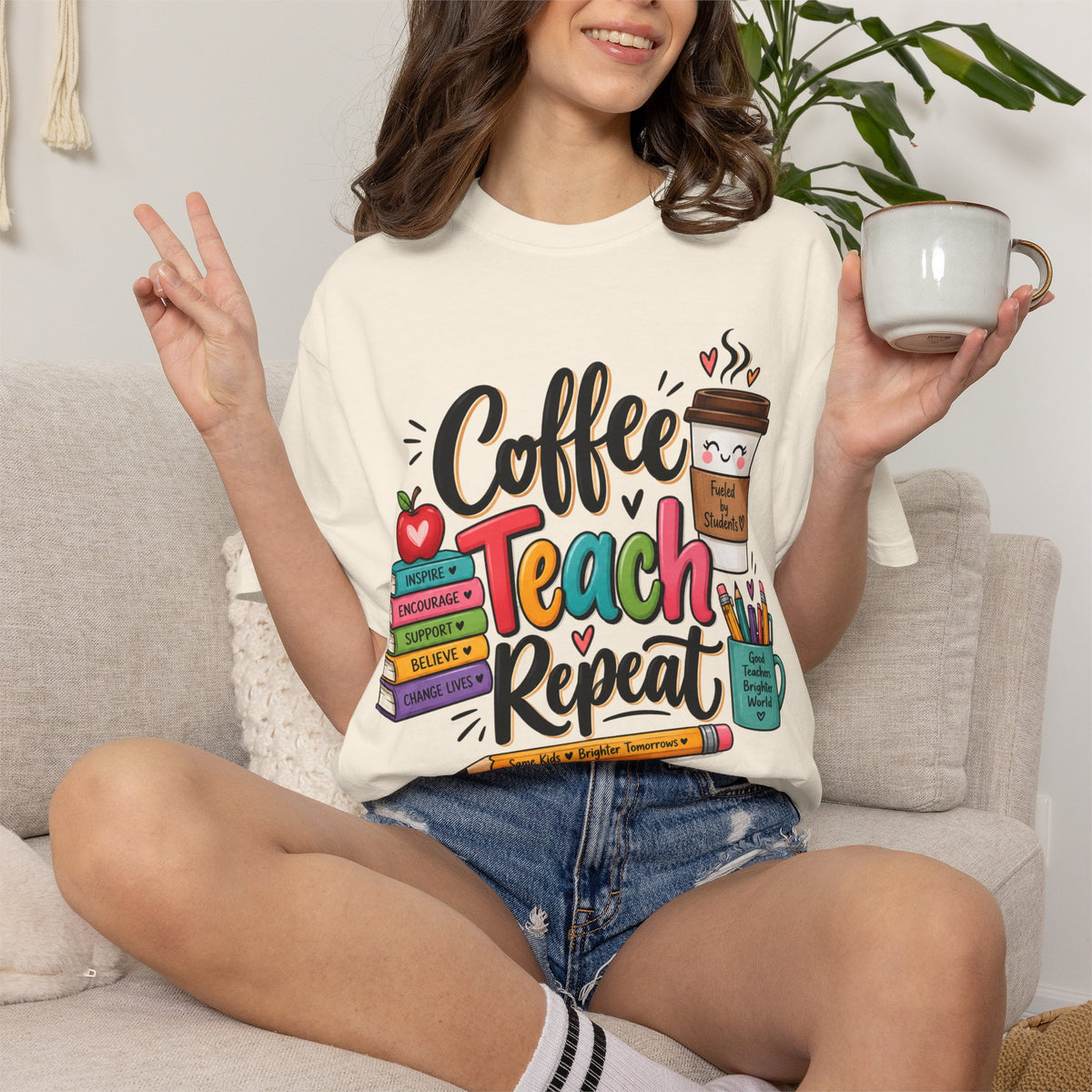 Coffee Teach Repeat T-shirt | Teacher Coffee Book Stack Pencil Mug Design