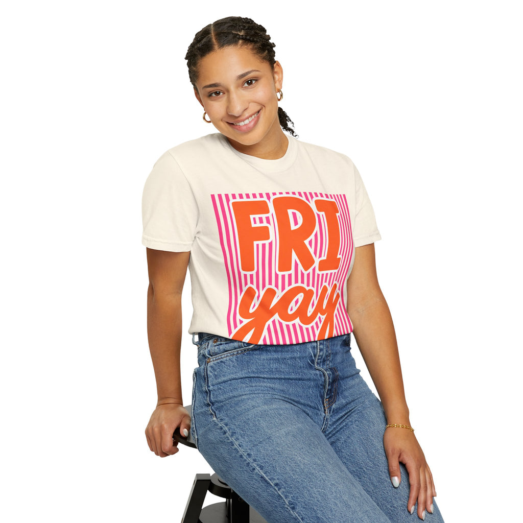 FRI yay T-shirt | Bright Retro Text, Pink Stripes