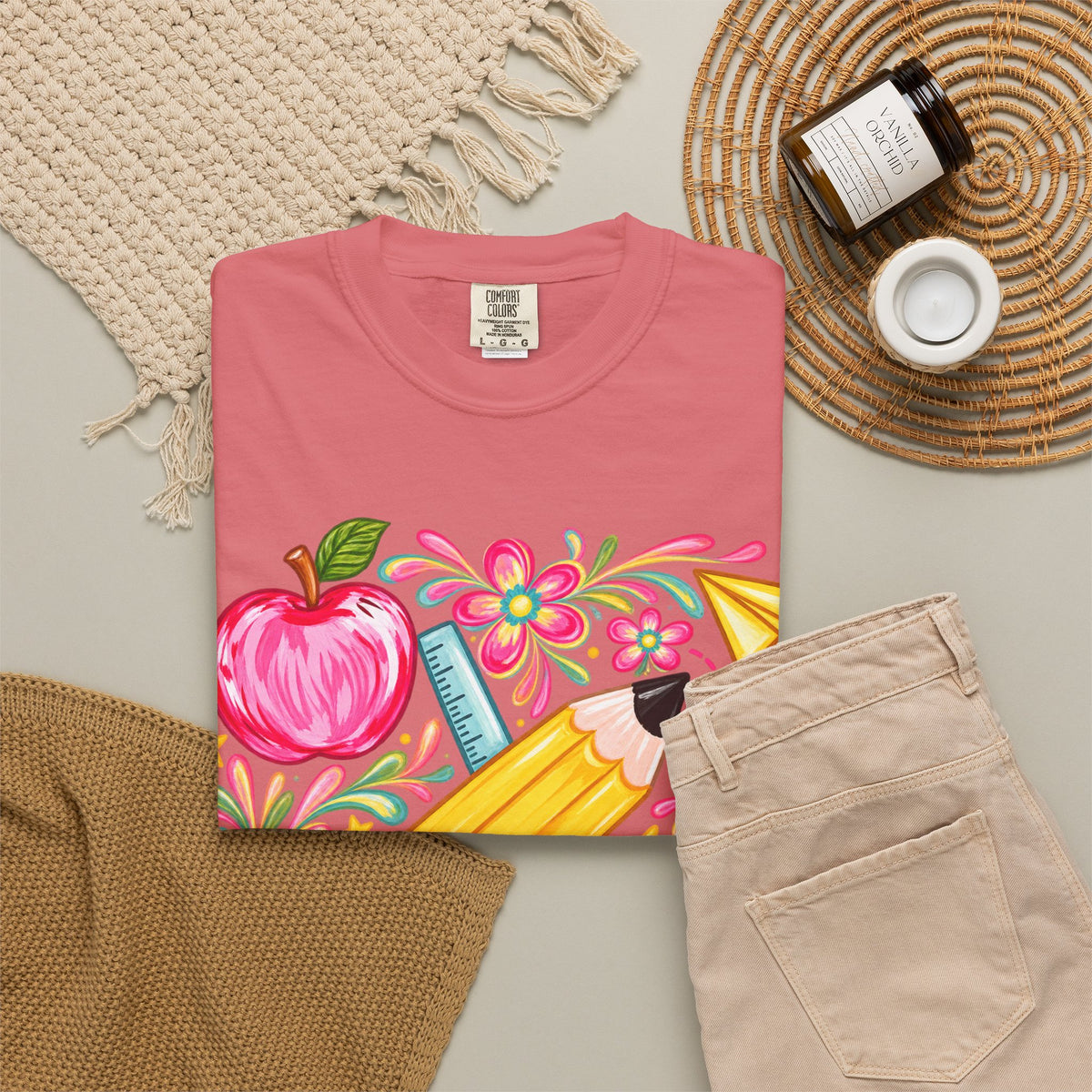 School Supplies Pencil Apple Floral T-shirt | Teacher Student Back to School
