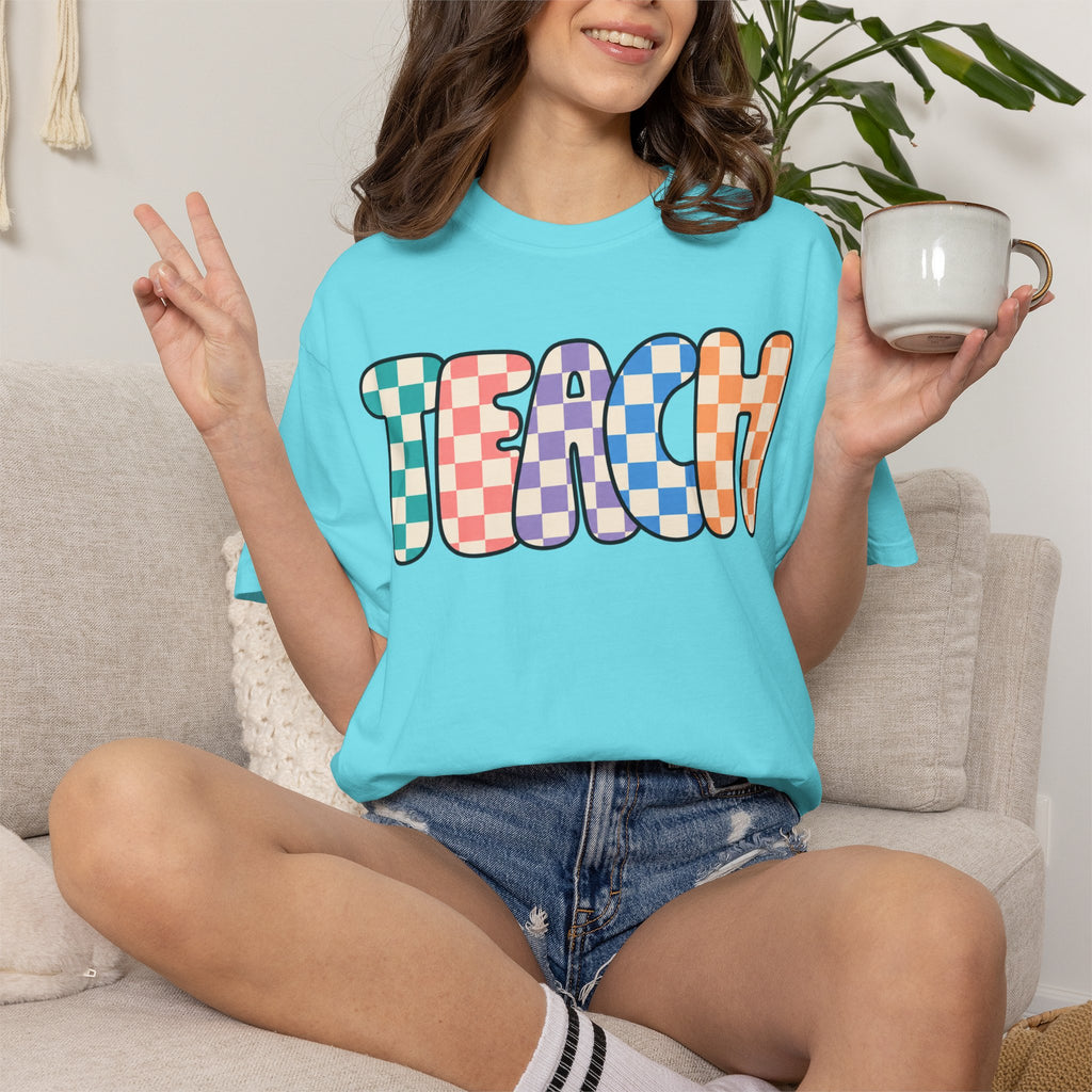 Teach Bubble Letters Checkerboard T-Shirt | Colorful Retro School Tee