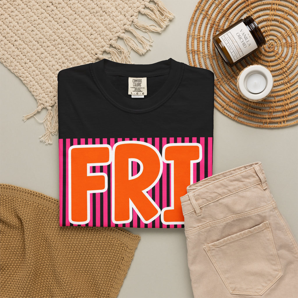 FRI yay T-shirt | Bright Retro Text, Pink Stripes