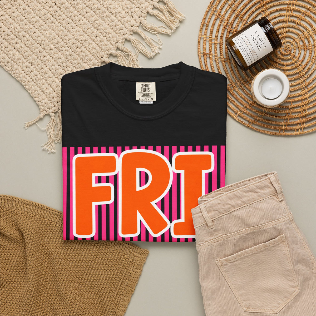 FRI yay T-shirt | Bright Retro Text, Pink Stripes