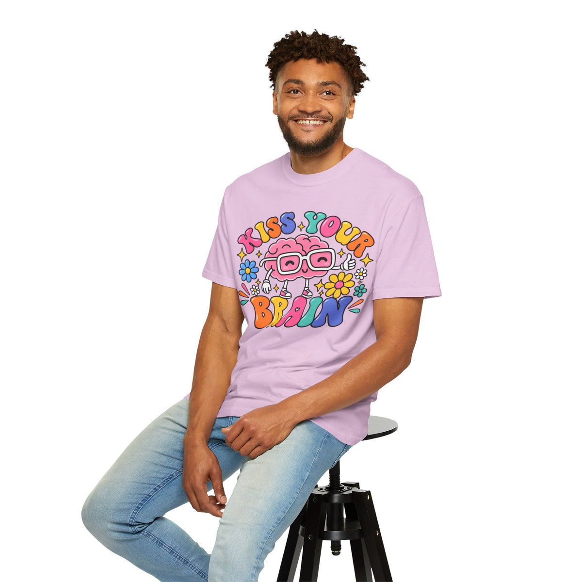 Kiss Your Brain BRI TEE | T-Shirt, Retro Cartoon Brain with Flowers