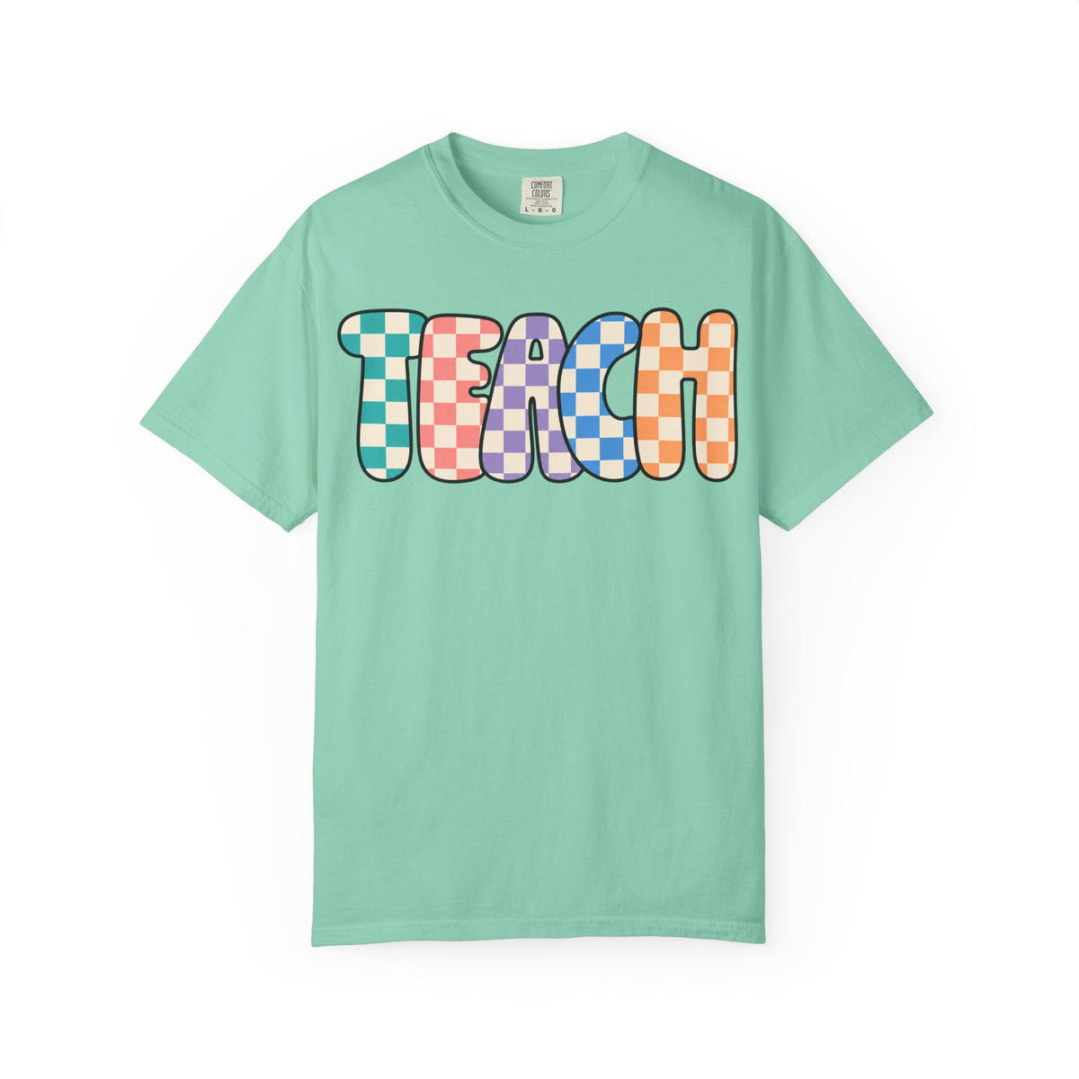 Teach Bubble Letters Checkerboard T-Shirt | Colorful Retro School Tee
