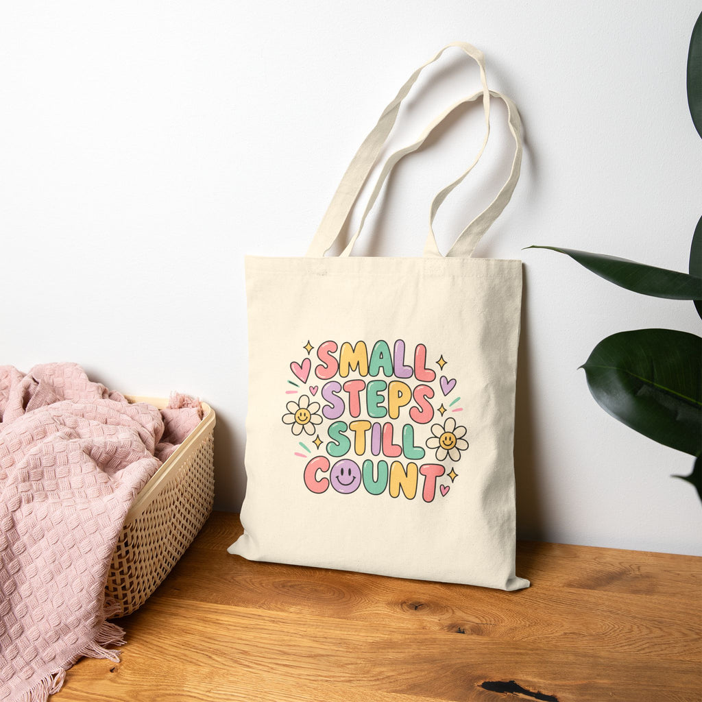 Small Steps Still Count Tote Bag | Pastel Floral Positive Quote
