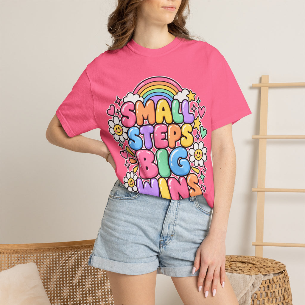 Small Steps Big Wins T-shirt | Retro Rainbow Positive Graphic