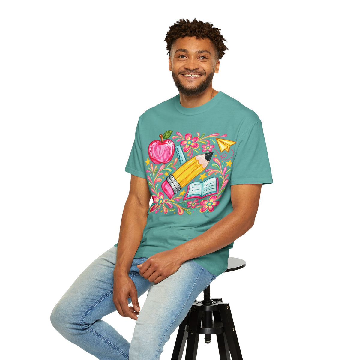 School Supplies Pencil Apple Floral T-shirt | Teacher Student Back to School