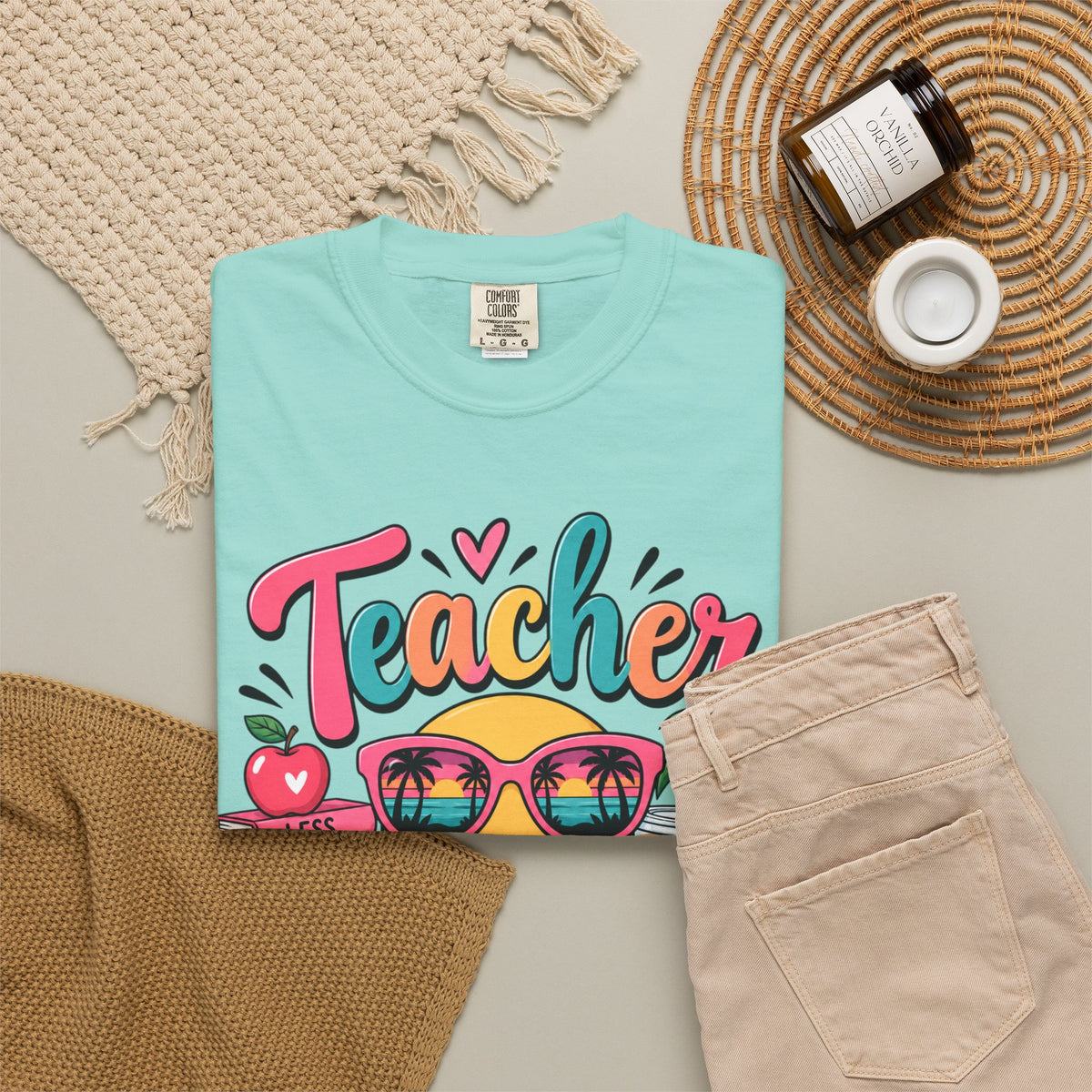 Teacher Off Duty T-shirt | Smiley Sunglasses, Books, Palm Trees, Coffee