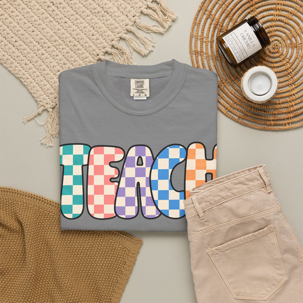 Teach Bubble Letters Checkerboard T-Shirt | Colorful Retro School Tee