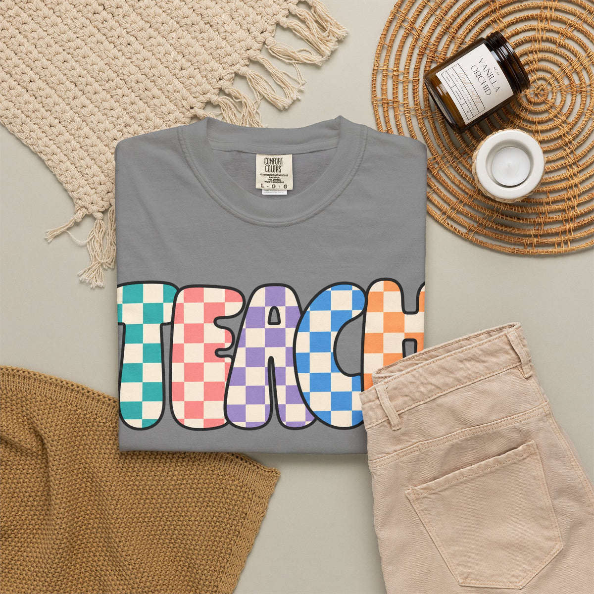 Teach Bubble Letters Checkerboard T-Shirt | Colorful Retro School Tee