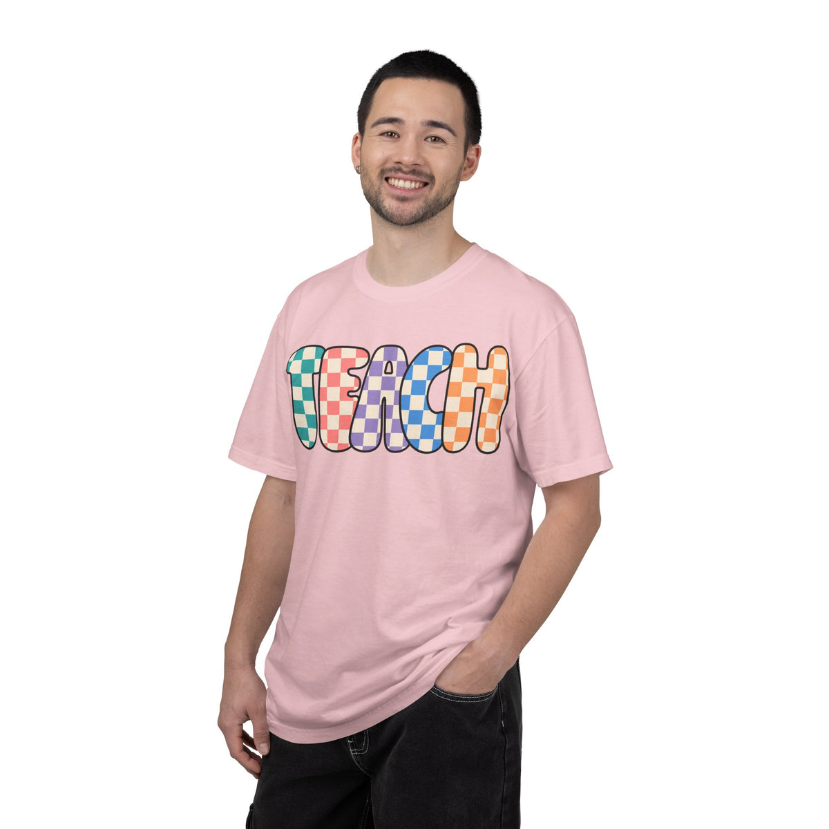 Teach Bubble Letters Checkerboard T-Shirt | Colorful Retro School Tee