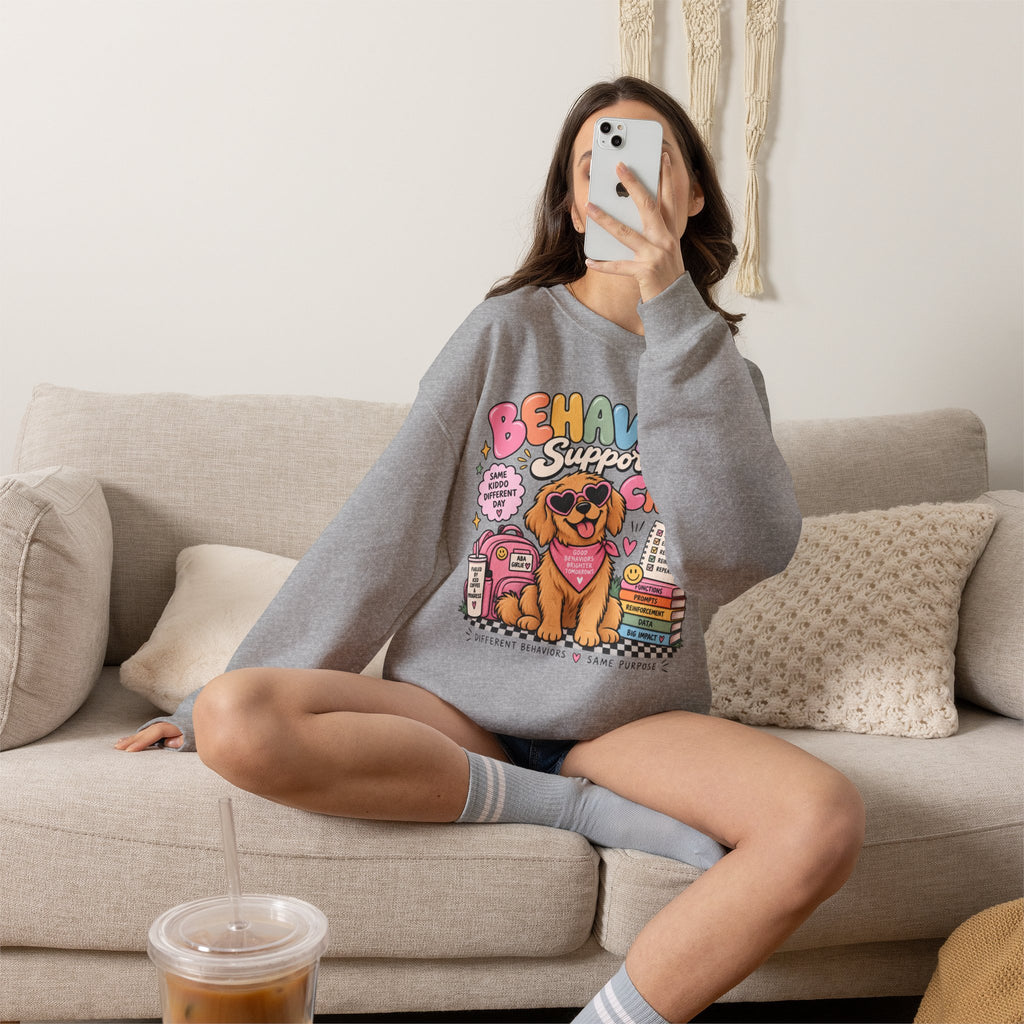 Behavior Support Crew sweatshirt | School Therapy Dog Design, Books & Classroom Icons