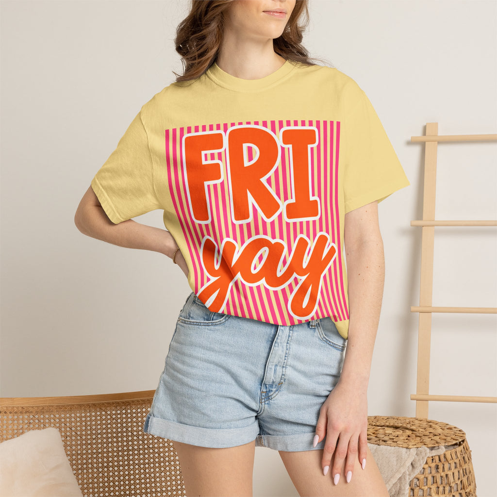 FRI yay T-shirt | Bright Retro Text, Pink Stripes