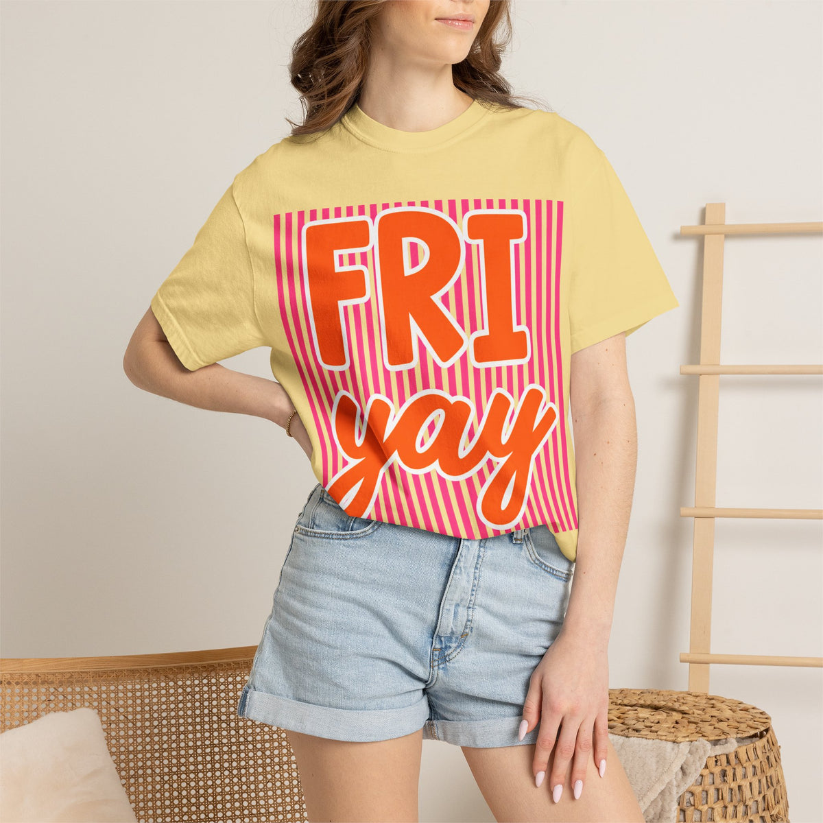 FRI yay T-shirt | Bright Retro Text, Pink Stripes