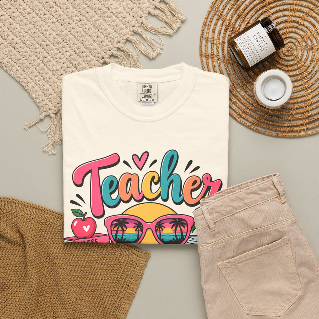 Teacher Off Duty T-shirt | Smiley Sunglasses, Books, Palm Trees, Coffee