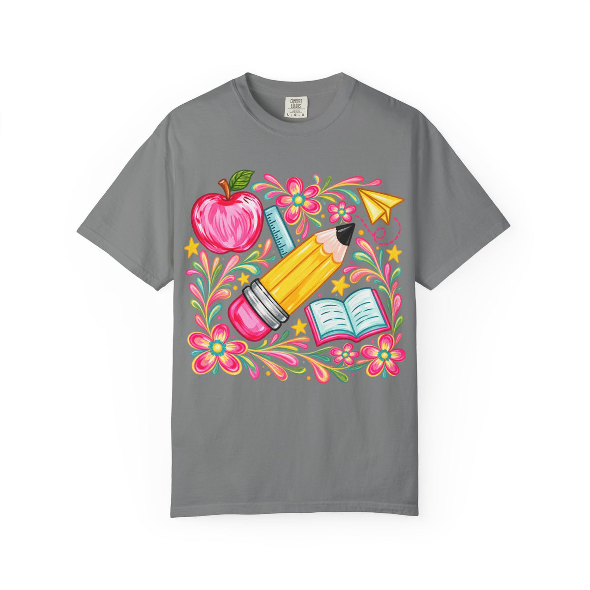 School Supplies Pencil Apple Floral T-shirt | Teacher Student Back to School