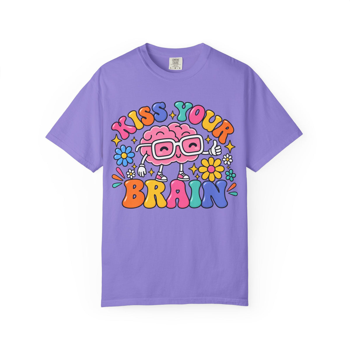 Kiss Your Brain BRI TEE | T-Shirt, Retro Cartoon Brain with Flowers