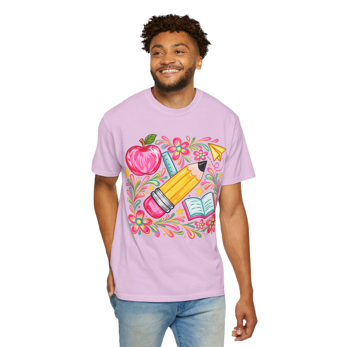 School Supplies Pencil Apple Floral T-shirt | Teacher Student Back to School