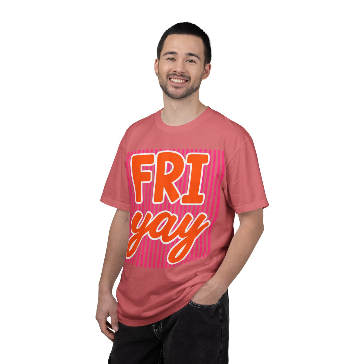FRI yay T-shirt | Bright Retro Text, Pink Stripes