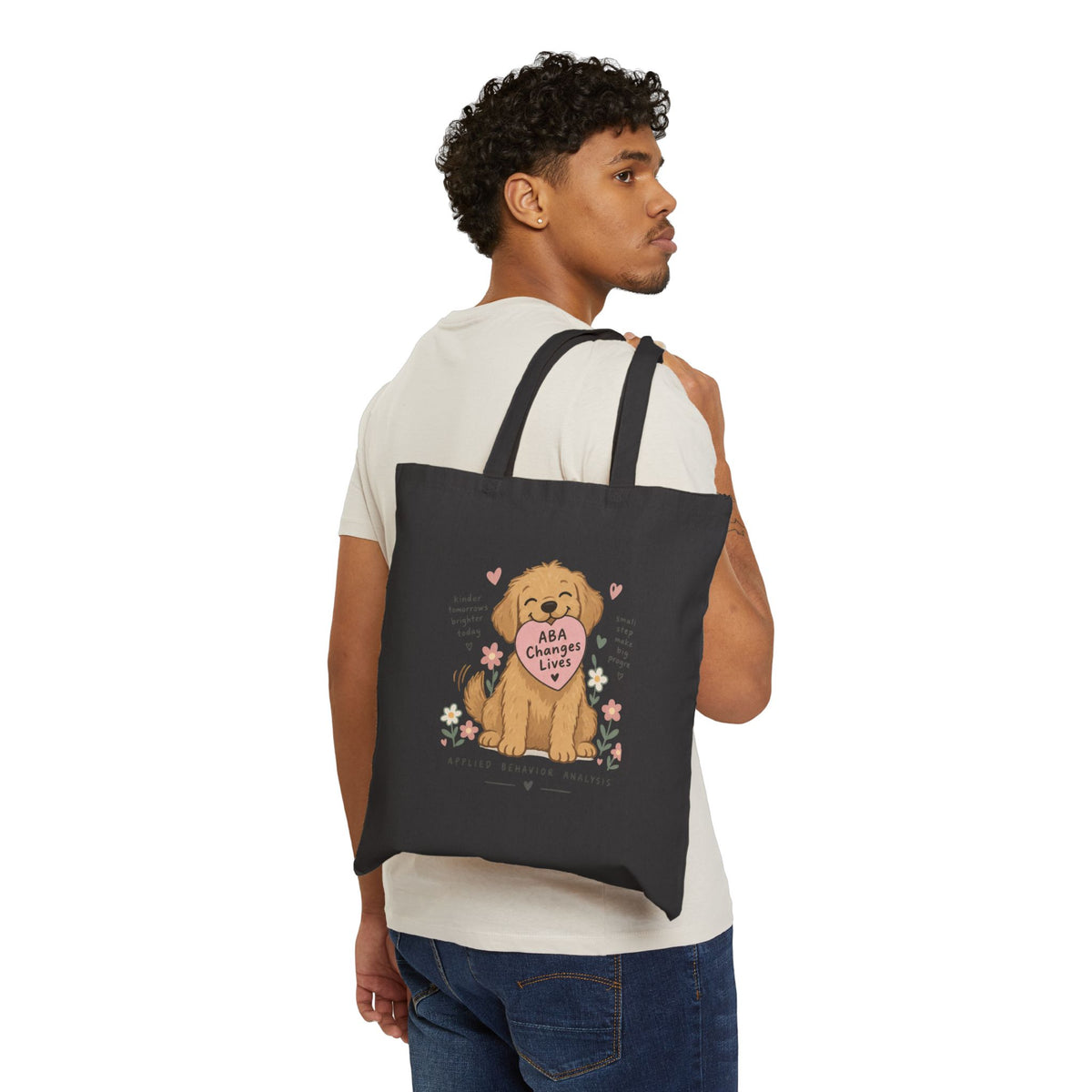 Golden Retriever Puppy Holding Heart tote bag | Cute Dog Illustration, Floral Accents