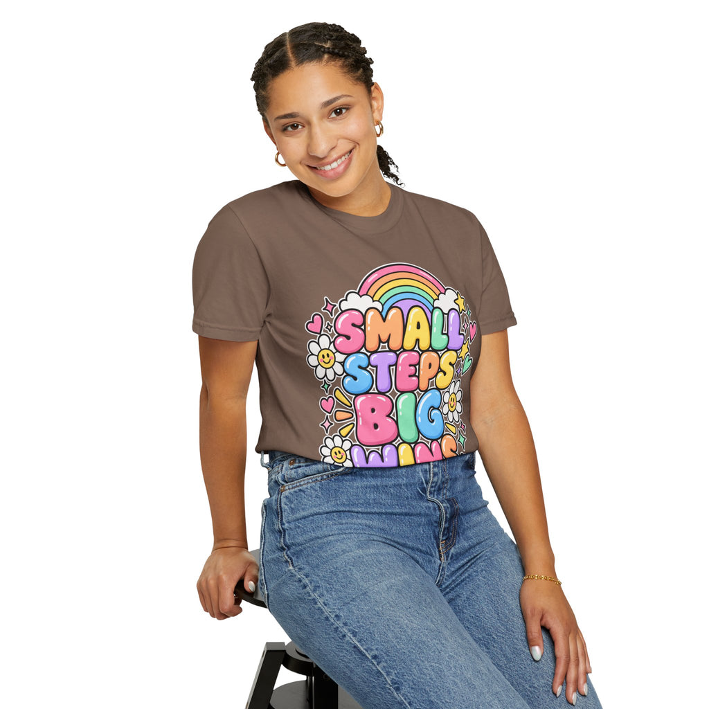 Small Steps Big Wins T-shirt | Retro Rainbow Positive Graphic