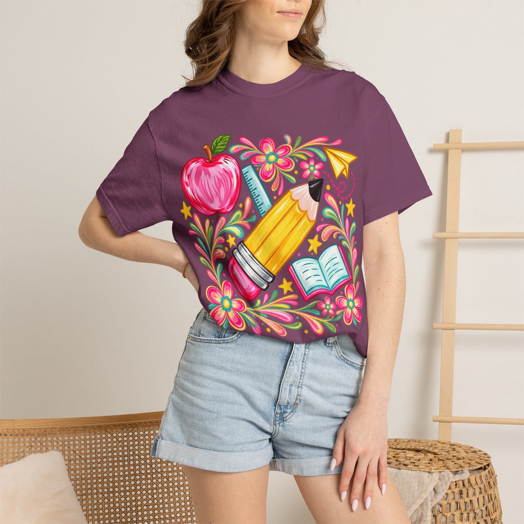 School Supplies Pencil Apple Floral T-shirt | Teacher Student Back to School