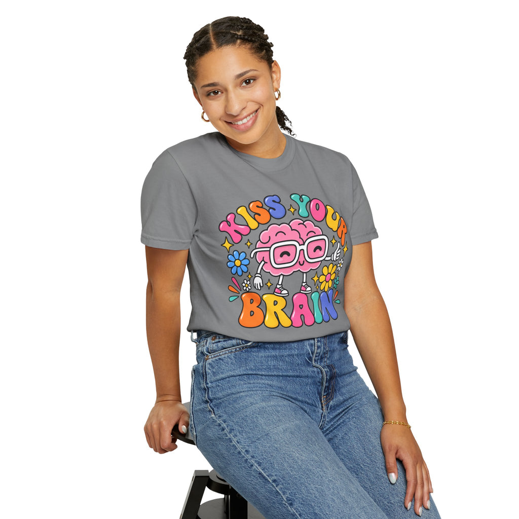 Kiss Your Brain BRI TEE | T-Shirt, Retro Cartoon Brain with Flowers