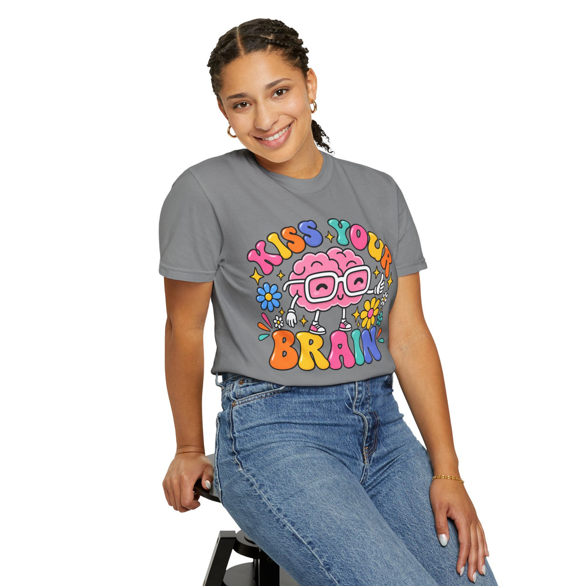 Kiss Your Brain BRI TEE | T-Shirt, Retro Cartoon Brain with Flowers