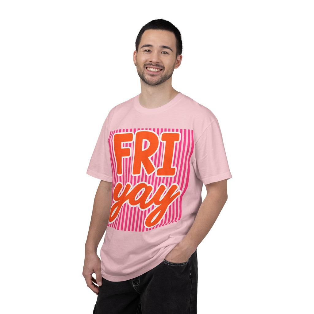 FRI yay T-shirt | Bright Retro Text, Pink Stripes