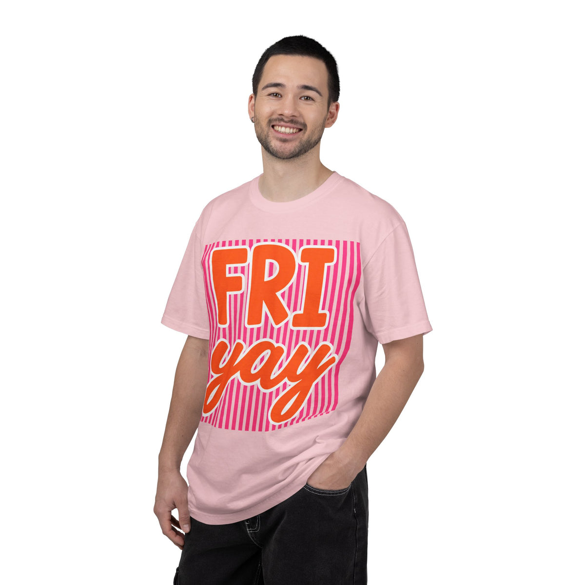 FRI yay T-shirt | Bright Retro Text, Pink Stripes