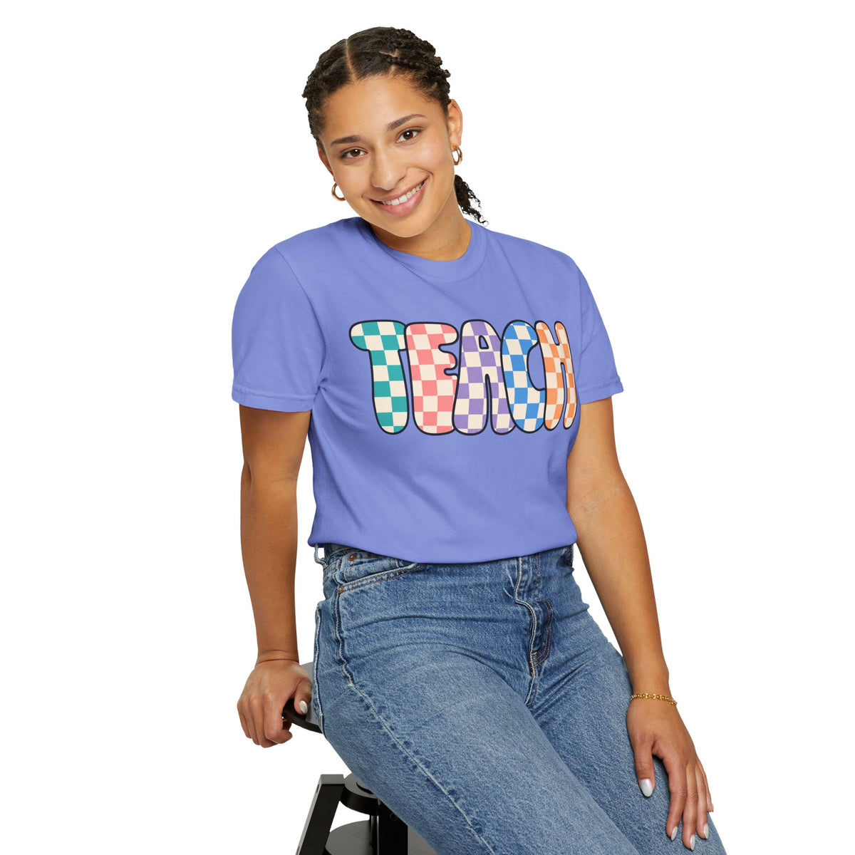 Teach Bubble Letters Checkerboard T-Shirt | Colorful Retro School Tee