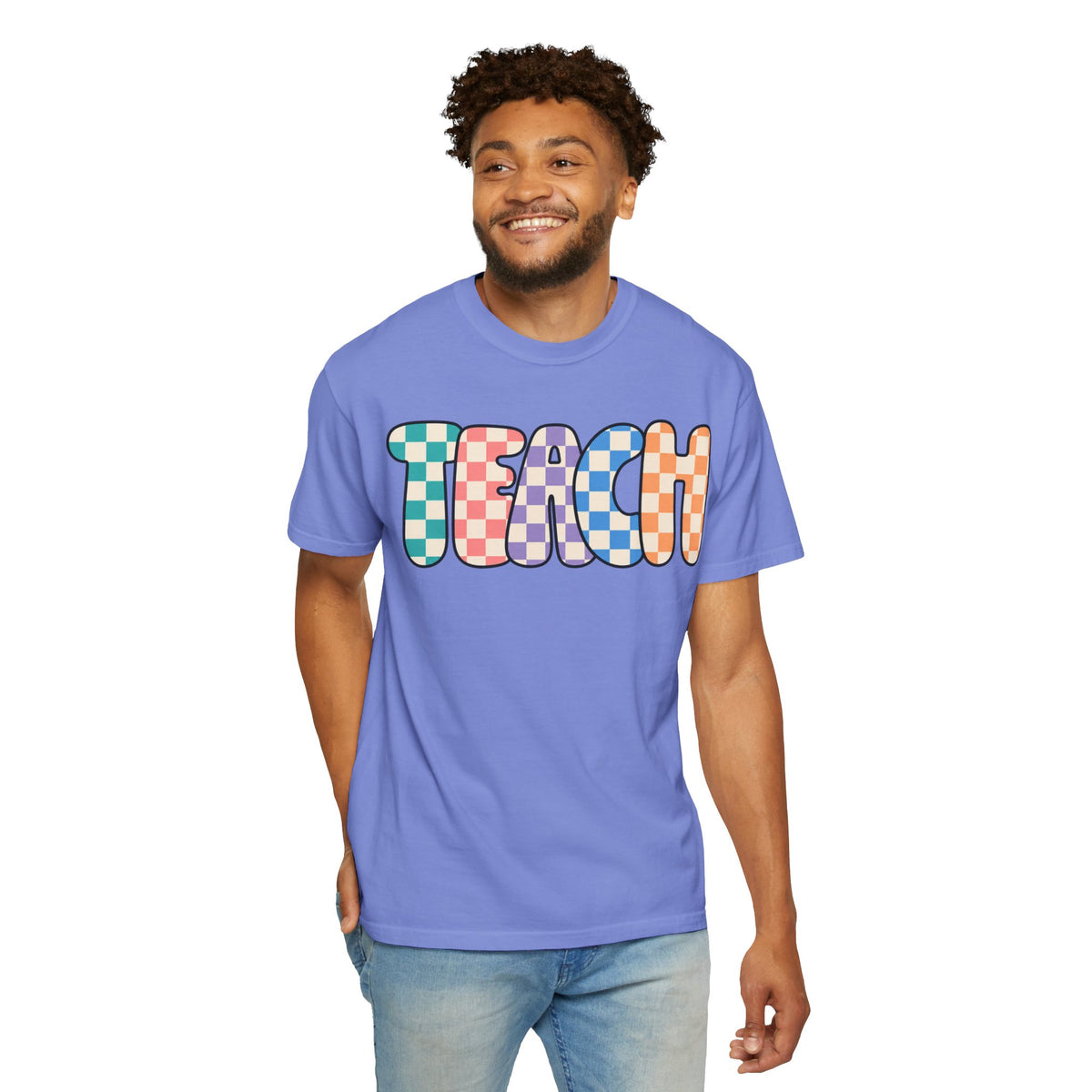 Teach Bubble Letters Checkerboard T-Shirt | Colorful Retro School Tee