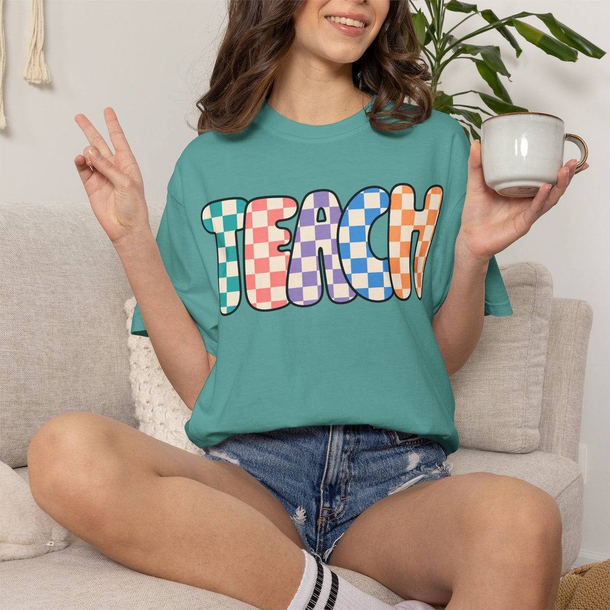 Teach Bubble Letters Checkerboard T-Shirt | Colorful Retro School Tee