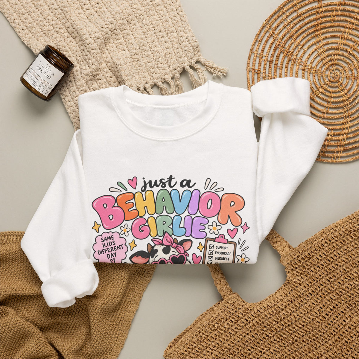 Just a Behavior Girl Crewneck Sweatshirt | Cute Cow Character, Books & Therapy Icons