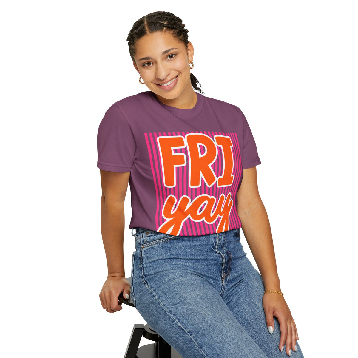 FRI yay T-shirt | Bright Retro Text, Pink Stripes