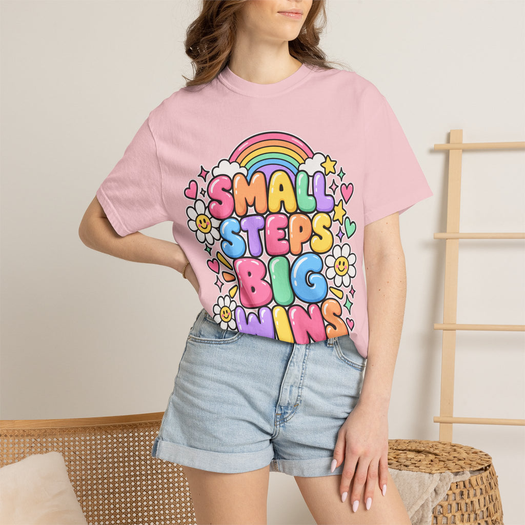 Small Steps Big Wins T-shirt | Retro Rainbow Positive Graphic