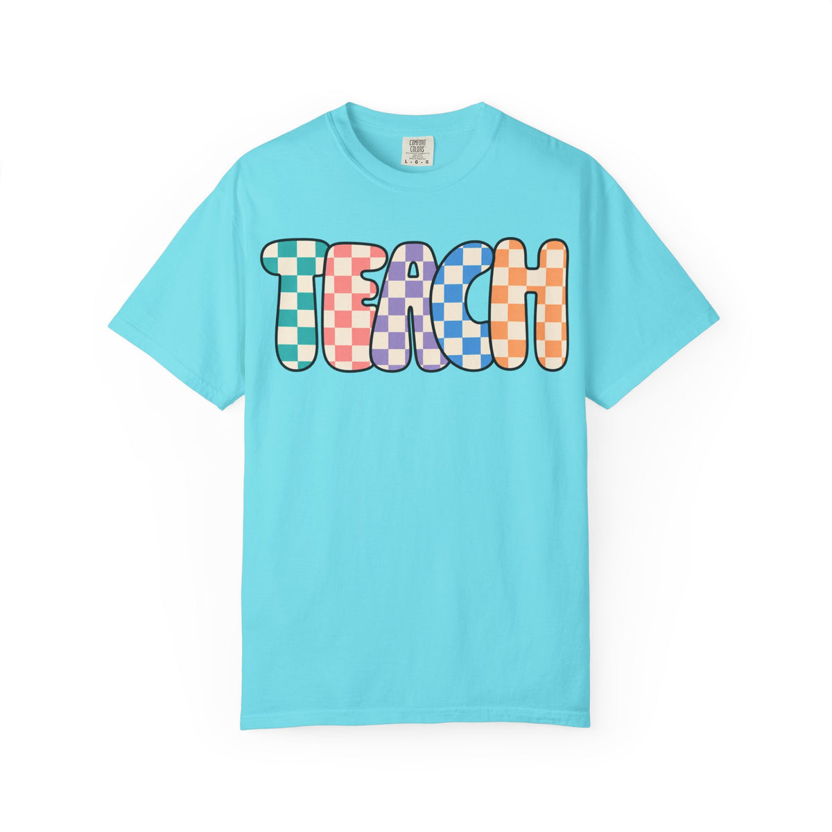 Teach Bubble Letters Checkerboard T-Shirt | Colorful Retro School Tee