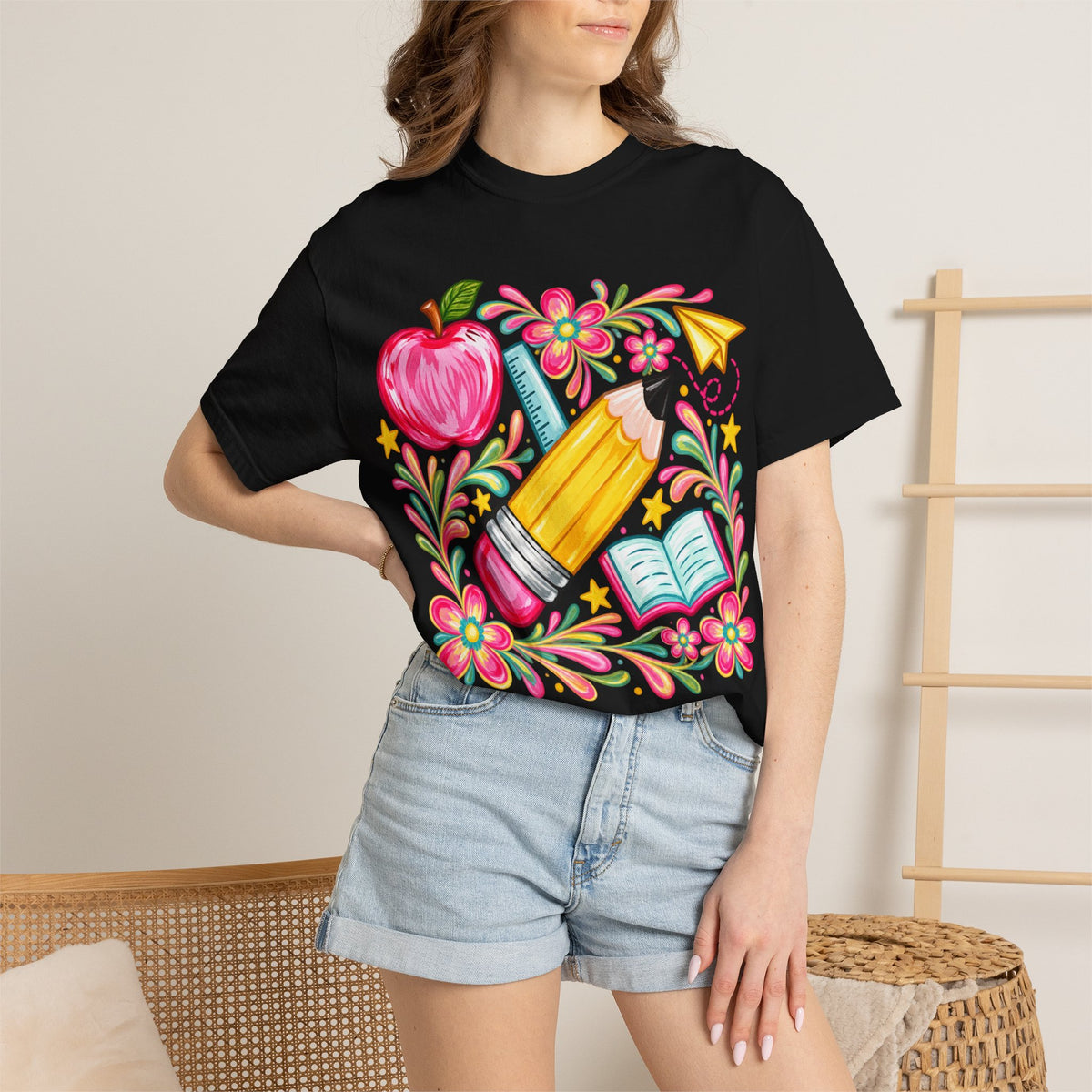 School Supplies Pencil Apple Floral T-shirt | Teacher Student Back to School