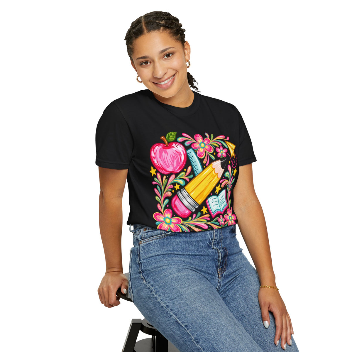 School Supplies Pencil Apple Floral T-shirt | Teacher Student Back to School