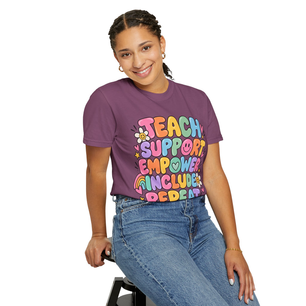 Teach Support Empower Include Repeat T-shirt | Rainbow Positivity Tee