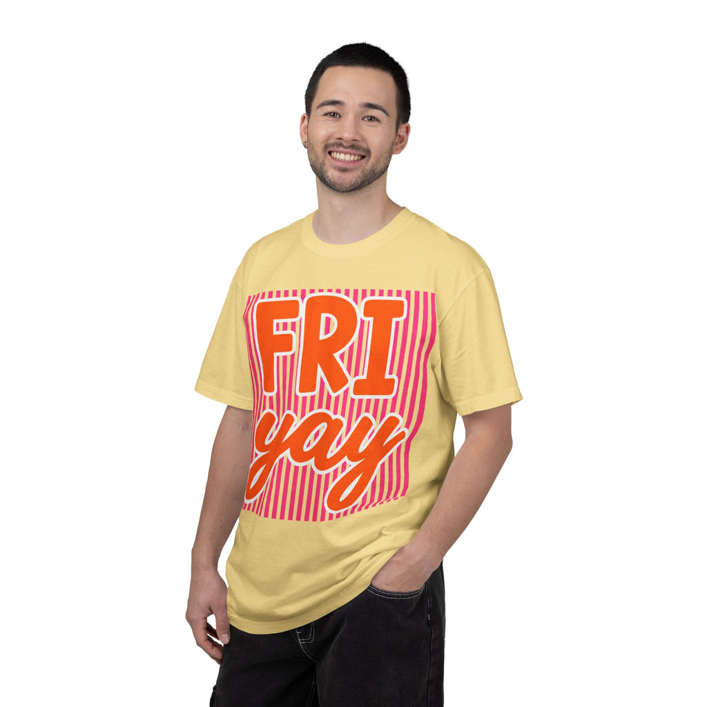 FRI yay T-shirt | Bright Retro Text, Pink Stripes