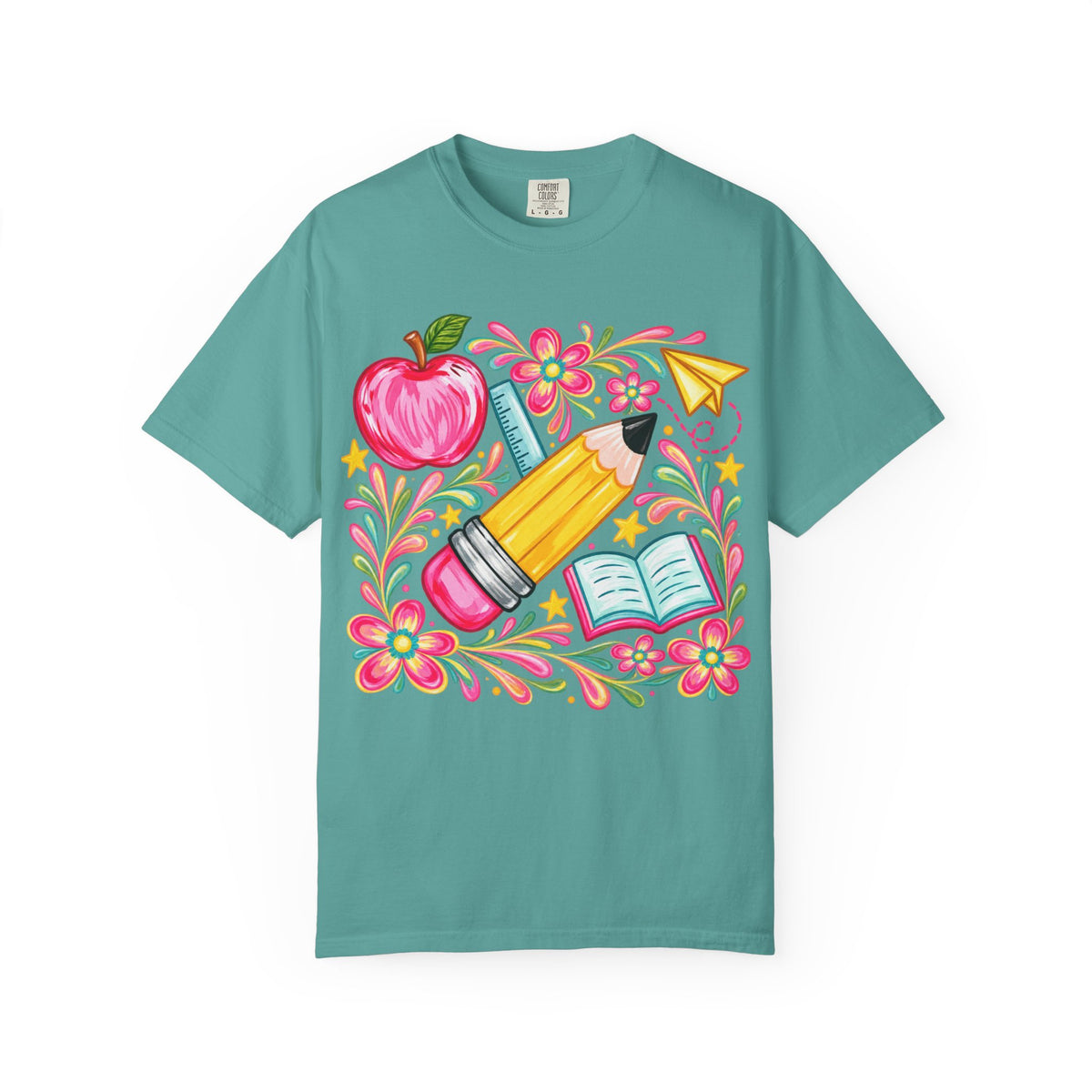 School Supplies Pencil Apple Floral T-shirt | Teacher Student Back to School