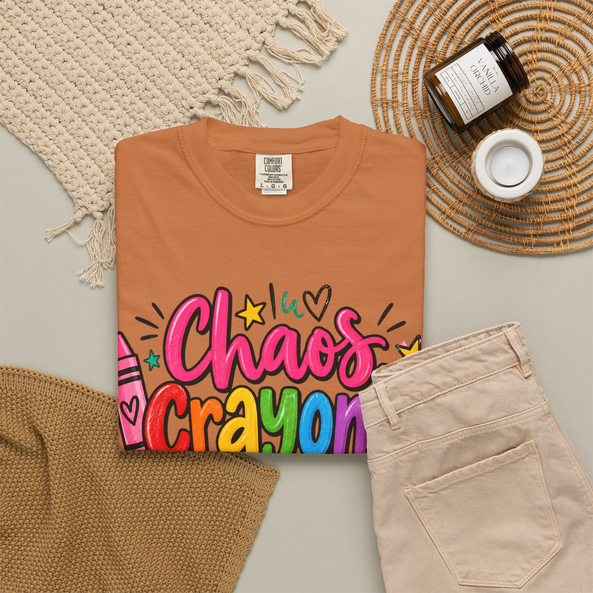 Chaos Crayons & Confidence T-shirt | Colorful Crayon School Art Tee