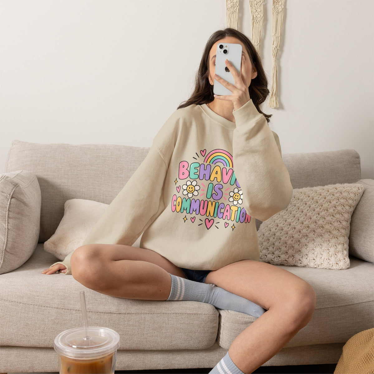 Behavior Is Communication Sweatshirt | Pastel Rainbow Floral Design
