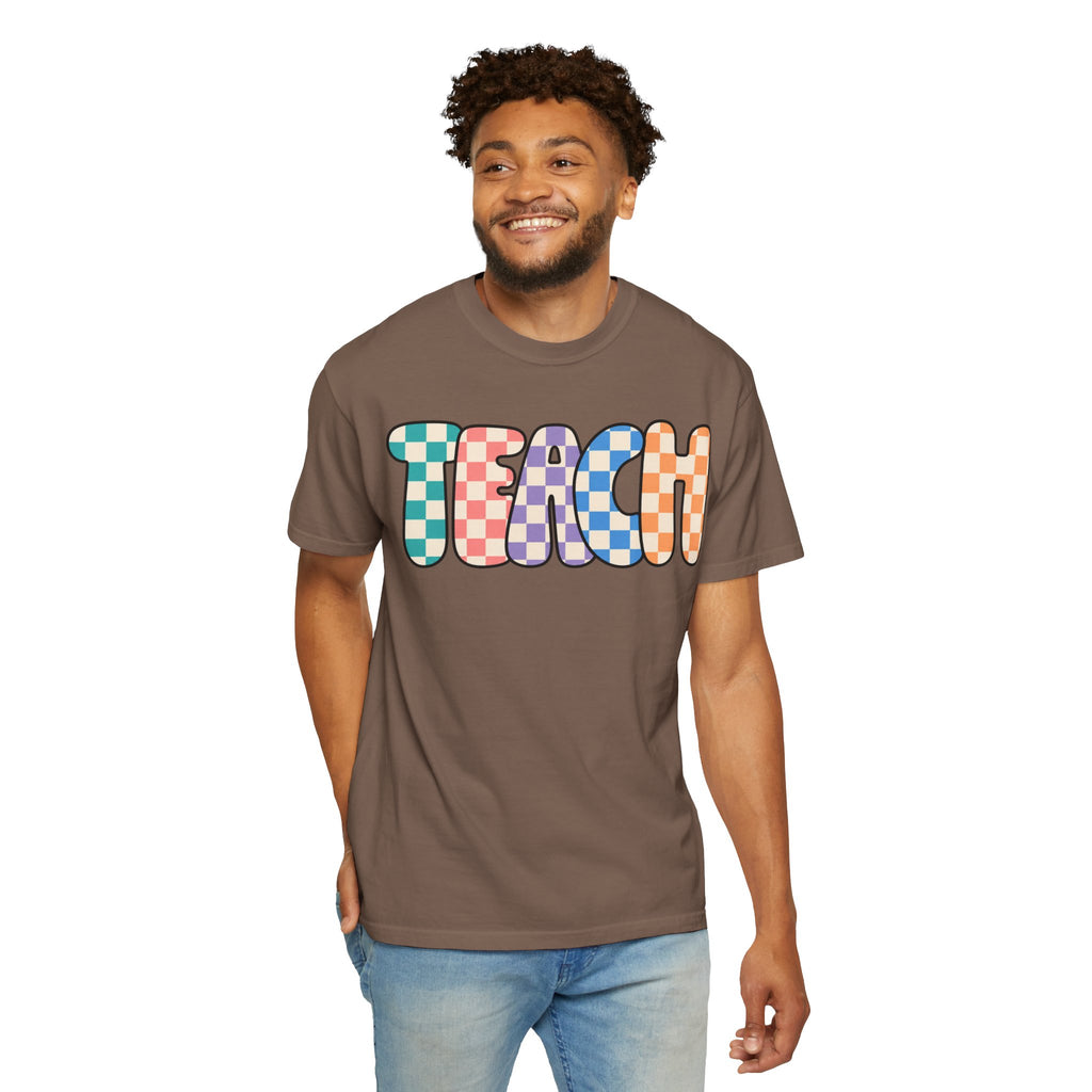 Teach Bubble Letters Checkerboard T-Shirt | Colorful Retro School Tee