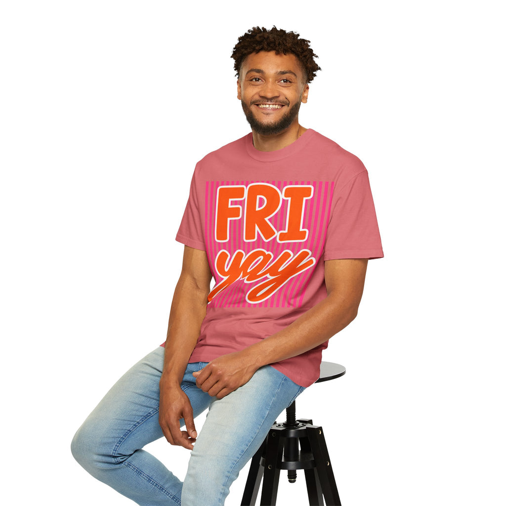 FRI yay T-shirt | Bright Retro Text, Pink Stripes