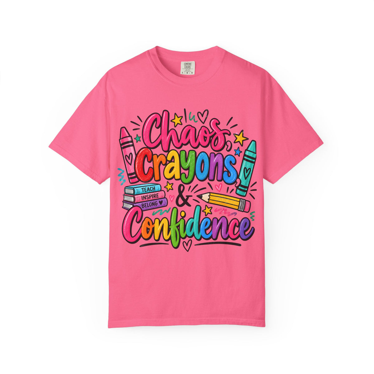 Chaos Crayons & Confidence T-shirt | Colorful Crayon School Art Tee