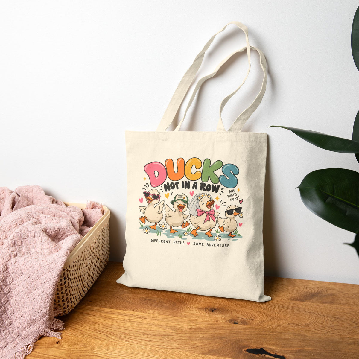 Ducks Not In A Row Tote Bag | Cartoon Ducks Canvas Tote